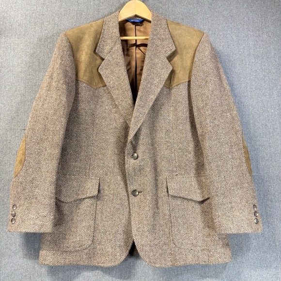 Pendleton Other - VTG 70s Pendleton Wool Western Blazer Suede Brown Herringbone Tweed SZ 44